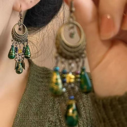 Qinghong | New Chinese ethnic style ancient style tassel bronze old green Bohemian long earrings