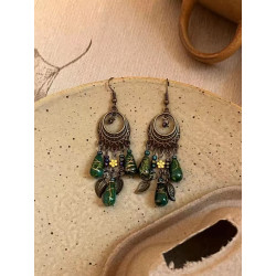 Qinghong | New Chinese ethnic style ancient style tassel bronze old green Bohemian long earrings