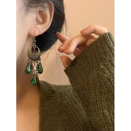 Qinghong | New Chinese ethnic style ancient style tassel bronze old green Bohemian long earrings