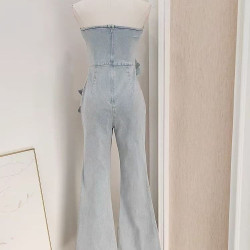 European style fashionable temperament three-dimensional flowers washed old flared waist slim tube top jumpsuit