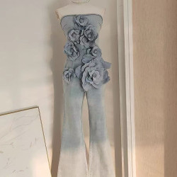European style fashionable temperament three-dimensional flowers washed old flared waist slim tube top jumpsuit