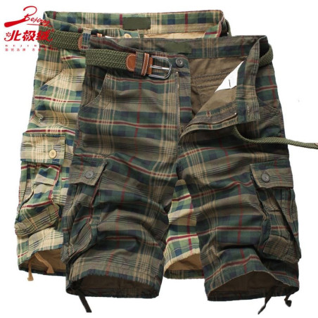 Five-point trousers, plaid trousers, breathable three-point trousers, men's casual loose camouflage shorts