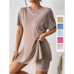 Summer casual women's comfortable two-piece set bat sleeve round neck slit T-shirt and tight shorts