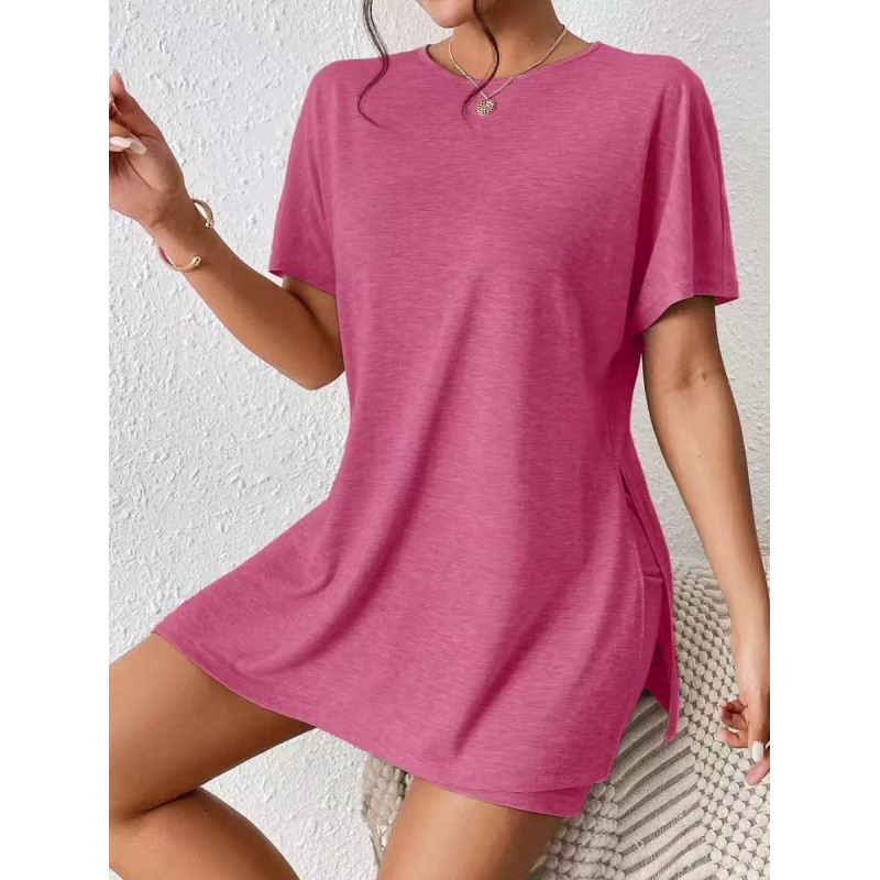 Summer casual women's comfortable two-piece set bat sleeve round neck slit T-shirt and tight shorts