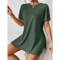Summer casual women's comfortable two-piece set bat sleeve round neck slit T-shirt and tight shorts