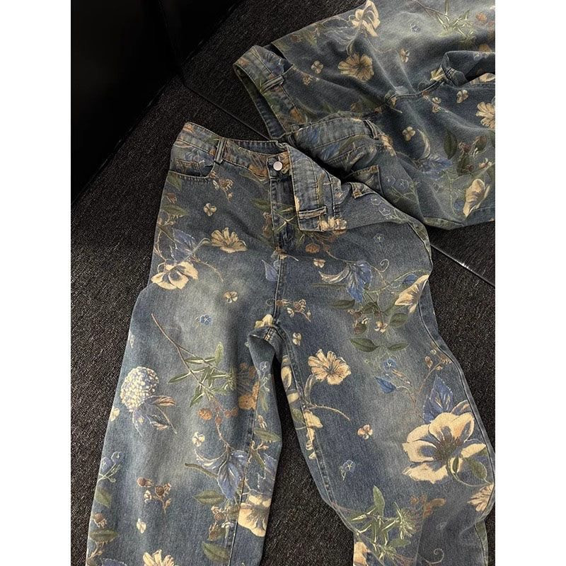 3D three-dimensional mecha fashion brand stitching men's loose retro straight washed denim trousers