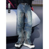 3D three-dimensional mecha fashion brand stitching men's loose retro straight washed denim trousers