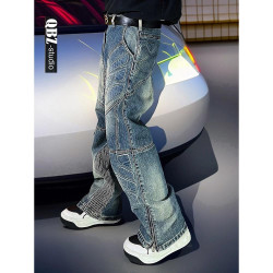 3D three-dimensional mecha fashion brand stitching men's loose retro straight washed denim trousers