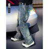 3D three-dimensional mecha fashion brand stitching men's loose retro straight washed denim trousers