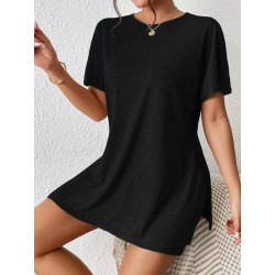 Summer casual women's comfortable two-piece set bat sleeve round neck slit T-shirt and tight shorts