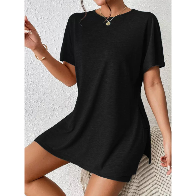 Summer casual women's comfortable two-piece set bat sleeve round neck slit T-shirt and tight shorts