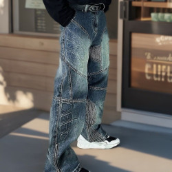 3D three-dimensional mecha fashion brand stitching men's loose retro straight washed denim trousers