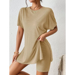 Summer casual women's comfortable two-piece set bat sleeve round neck slit T-shirt and tight shorts