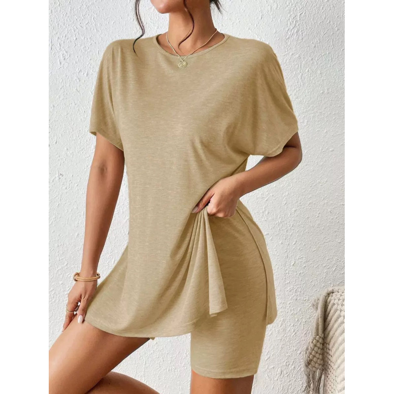 Summer casual women's comfortable two-piece set bat sleeve round neck slit T-shirt and tight shorts