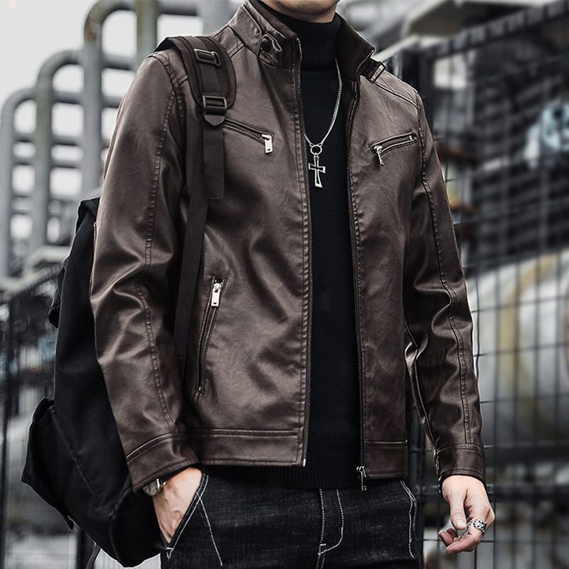 Leather men's handsome stand-up collar short motorcycle men's PU leather jacket coat