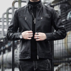 Leather men's handsome stand-up collar short motorcycle men's PU leather jacket coat