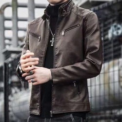 Leather men's handsome stand-up collar short motorcycle men's PU leather jacket coat