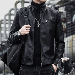 Leather men's handsome stand-up collar short motorcycle men's PU leather jacket coat
