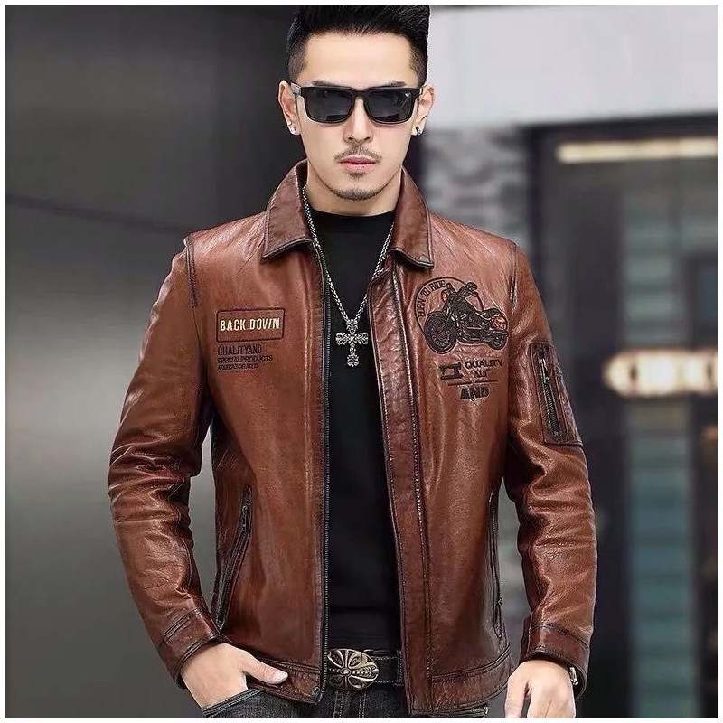 Leather jacket, warm motorcycle leather jacket, fashionable windproof, high-end lapel, men