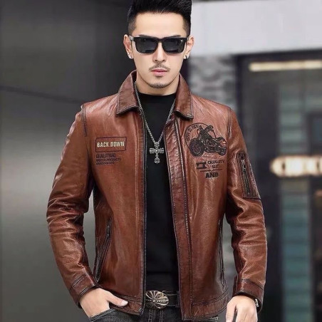 Leather jacket, warm motorcycle leather jacket, fashionable windproof, high-end lapel, men