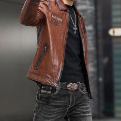 Leather jacket, warm motorcycle leather jacket, fashionable windproof, high-end lapel, men