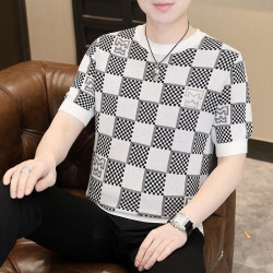High-end knitted short-sleeved men's T-shirt summer new trend breathable round-neck plaid short-sleeved top