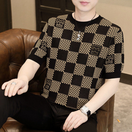 High-end knitted short-sleeved men's T-shirt summer new trend breathable round-neck plaid short-sleeved top