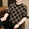 High-end knitted short-sleeved men's T-shirt summer new trend breathable round-neck plaid short-sleeved top