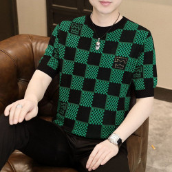 High-end knitted short-sleeved men's T-shirt summer new trend breathable round-neck plaid short-sleeved top