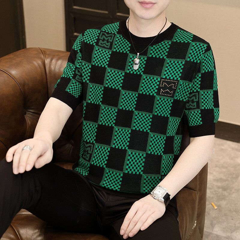 High-end knitted short-sleeved men's T-shirt summer new trend breathable round-neck plaid short-sleeved top