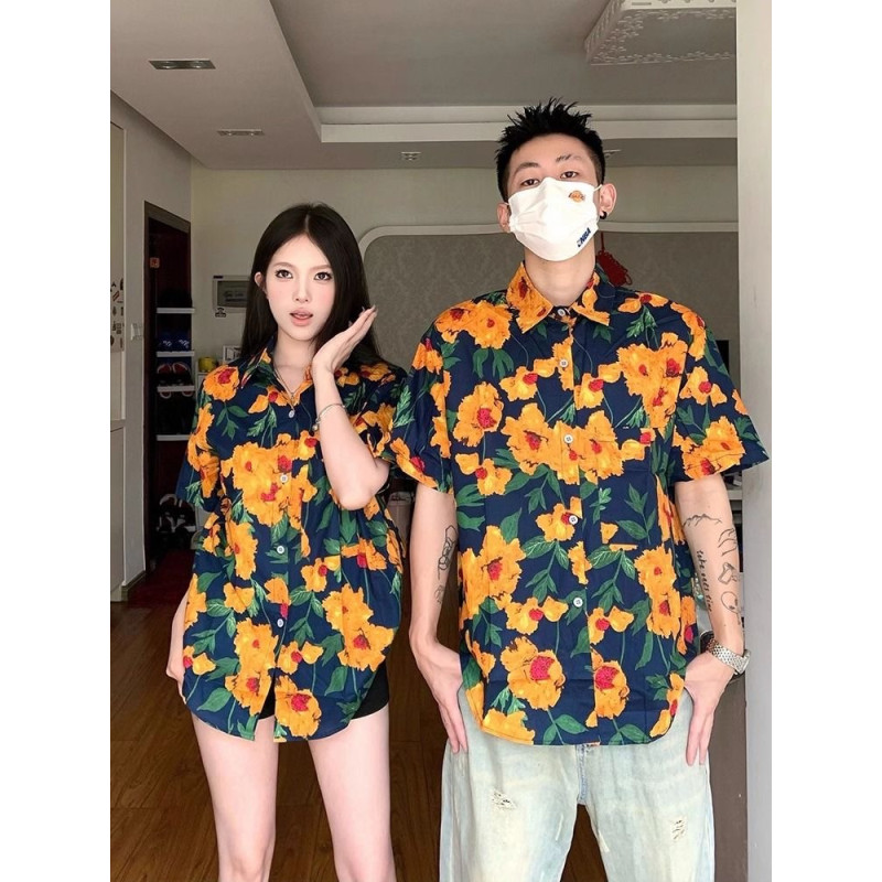 Men's and women's shirts, short-sleeved floral shirts, loose retro tops, vacation beach fashion