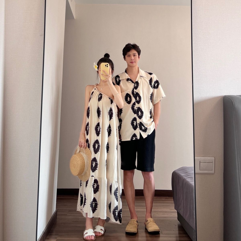 Couple's retro design sense slanted shoulder lazy holiday-style dress seaside beach one skirt one coat