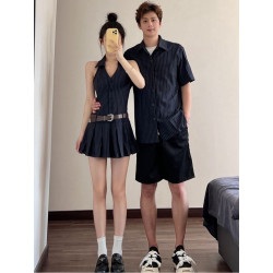 Couple's short-sleeved shirt, men's and women's dress, French skirt, ins fashion