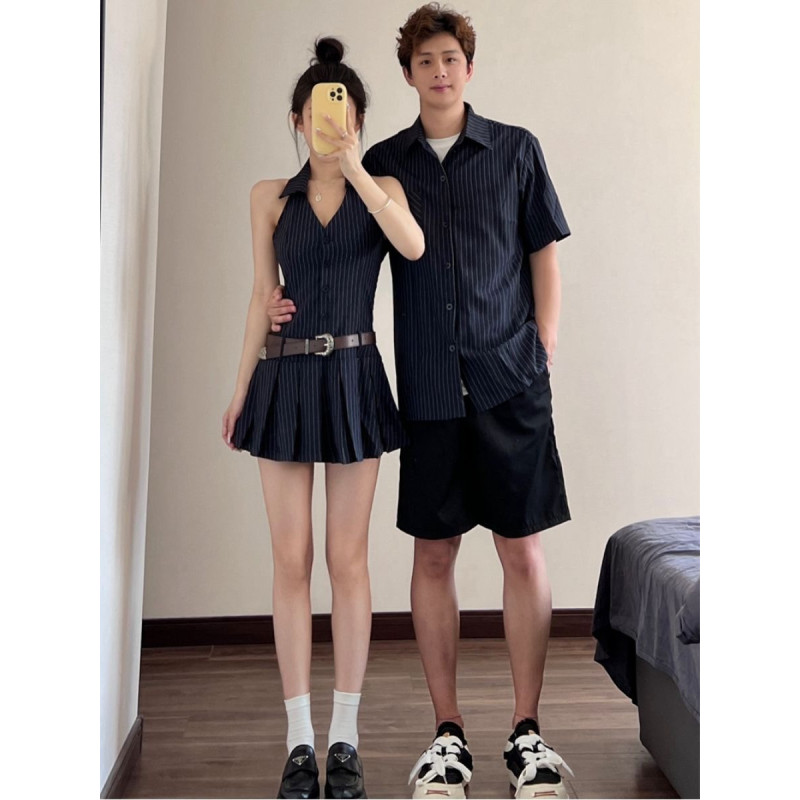 Couple's short-sleeved shirt, men's and women's dress, French skirt, ins fashion
