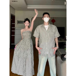 Couple's design sense striped short-sleeved shirt bra dress French one skirt one dress fashion