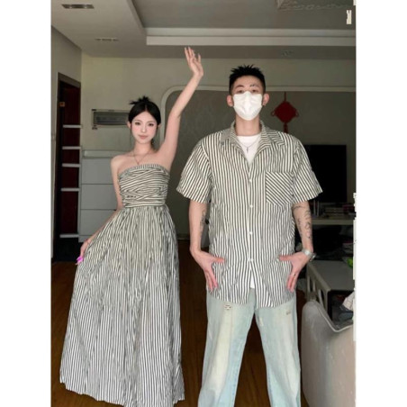 Couple's design sense striped short-sleeved shirt bra dress French one skirt one dress fashion