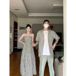 Couple's design sense striped short-sleeved shirt bra dress French one skirt one dress fashion