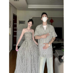 Couple's design sense striped short-sleeved shirt bra dress French one skirt one dress fashion