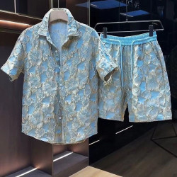 Ethnic style embossed hot gold flower short-sleeved shirt shorts two-piece set male handsome