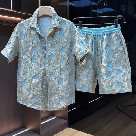 Ethnic style embossed hot gold flower short-sleeved shirt shorts two-piece set male handsome