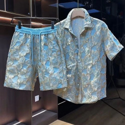 Ethnic style embossed hot gold flower short-sleeved shirt shorts two-piece set male handsome