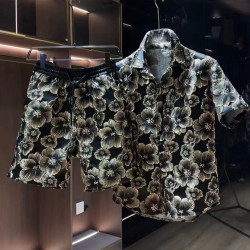 Ethnic style embossed hot gold flower short-sleeved shirt shorts two-piece set male handsome