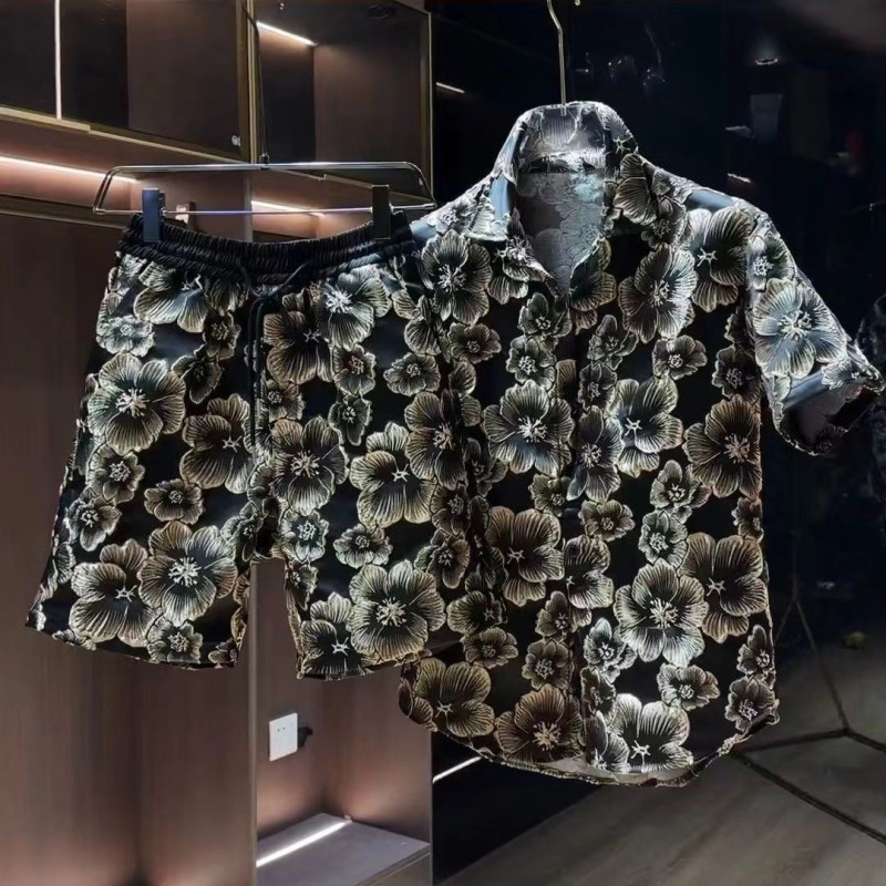 Ethnic style embossed hot gold flower short-sleeved shirt shorts two-piece set male handsome