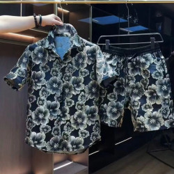Ethnic style embossed hot gold flower short-sleeved shirt shorts two-piece set male handsome