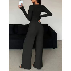 New set long-sleeved button-type solid colour tight-fitting plus trousers two-piece set for women