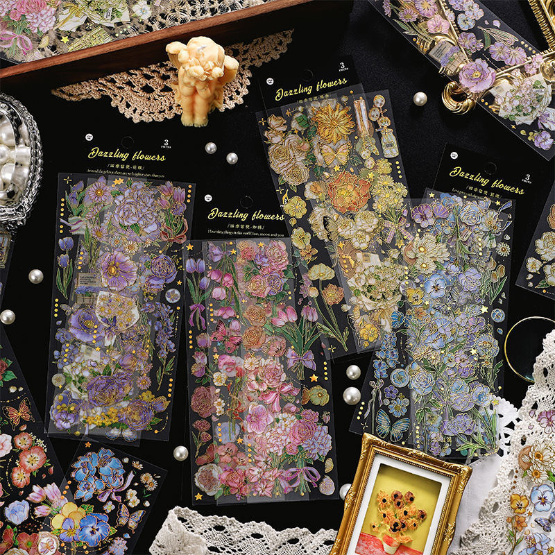 Four seasons messenger PET three-dimensional gold-plated stickers high-quality ins style creative plants and flowers