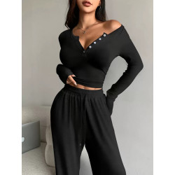 New set long-sleeved button-type solid colour tight-fitting plus trousers two-piece set for women