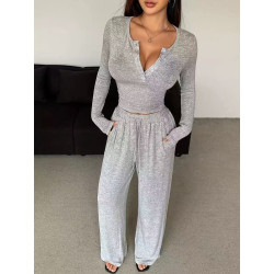 New set long-sleeved button-type solid colour tight-fitting plus trousers two-piece set for women