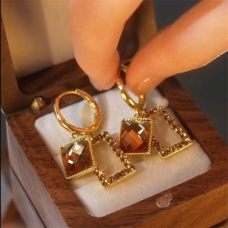 French high-end champagne crystal geometric square super shiny earrings