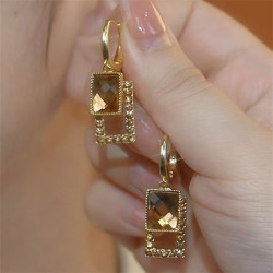 French high-end champagne crystal geometric square super shiny earrings
